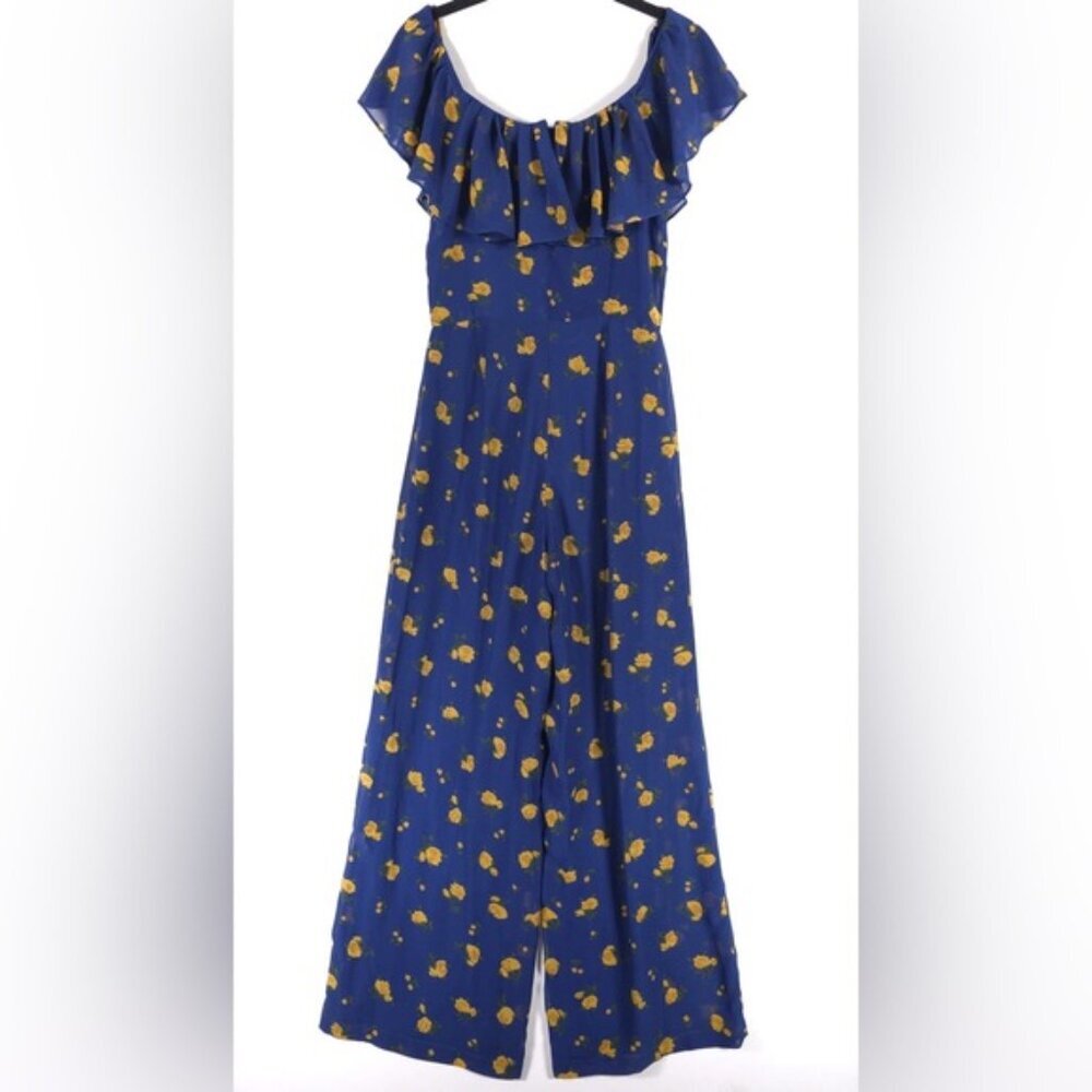 Betsy Johnson Blue‎ Floral Ruffle Off-Shoulder Jumpsuit Wide Leg Size 2P
